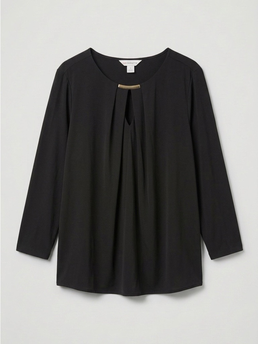 Liz Claiborne Black Long-Sleeve Pleat-Front Top with Gold Bar